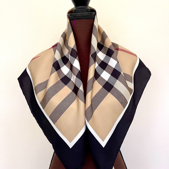 Unisex Burberry Scarf Beige Check Black Border Silk Wrap - Picture 1 of 12